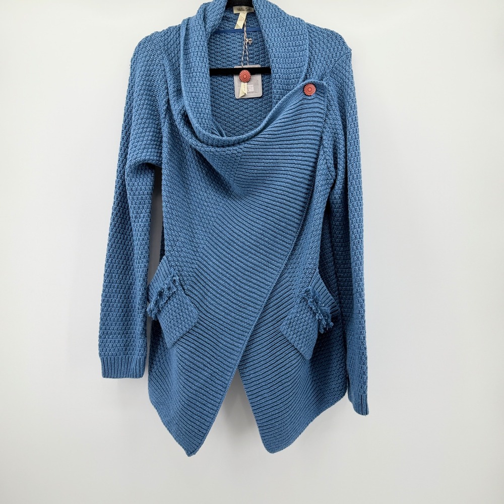 Matilda Jane Envision This Wrap cardigan Blue Knit Asymmetrical Sweater large